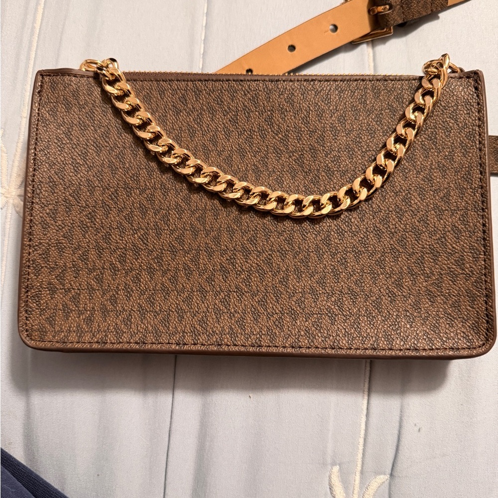 Brown Michael Kors Monogram Crossbody Bag with Gold Chain - Picture 2 of 8